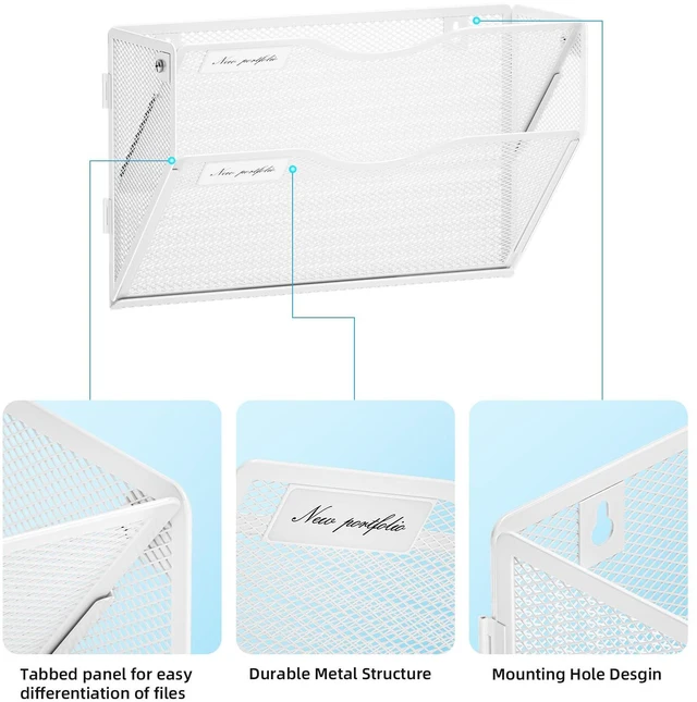 Alt view image 3 of 7 - Wall File Holder 2-Tier Hanging Wall File Organizer, Mesh Mail Holder for Papers, Wall Mount File Clipboard & Magazine Organizer Great for Office Home - 2P(White)