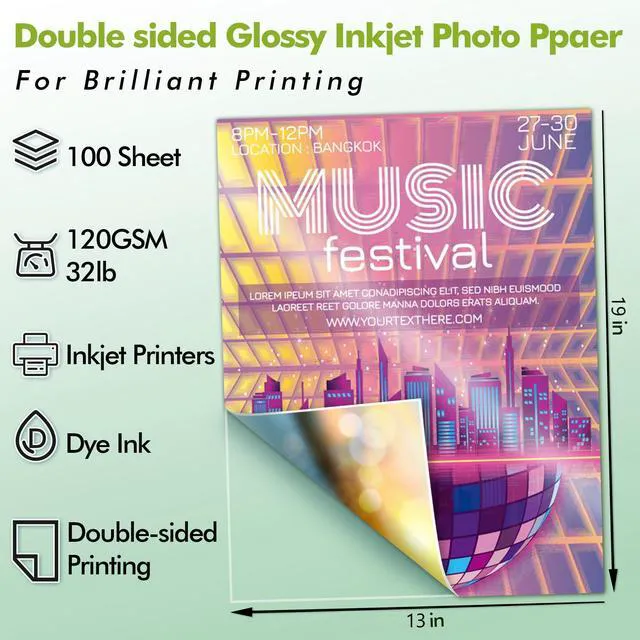 Alt view image 2 of 7 - Double Sided Thin Glossy Photo Paper 13x19 In 32LB 100 Sheets Compatible with Inkjet Printer and Dye Ink for Magazine and Poster Printing, 120gsm