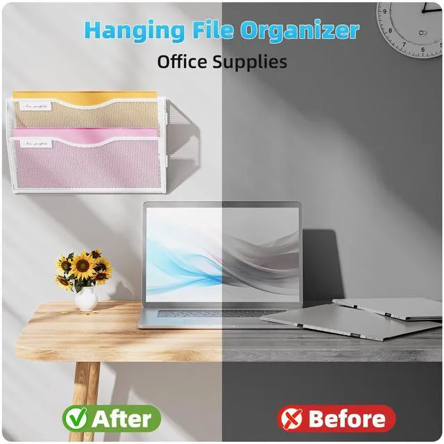 Alt view image 5 of 7 - Wall File Holder 2-Tier Hanging Wall File Organizer, Mesh Mail Holder for Papers, Wall Mount File Clipboard & Magazine Organizer Great for Office Home - 2P(White)