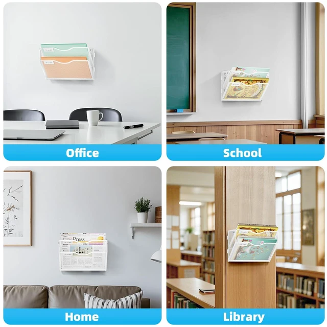 Alt view image 6 of 7 - Wall File Holder 2-Tier Hanging Wall File Organizer, Mesh Mail Holder for Papers, Wall Mount File Clipboard & Magazine Organizer Great for Office Home - 2P(White)