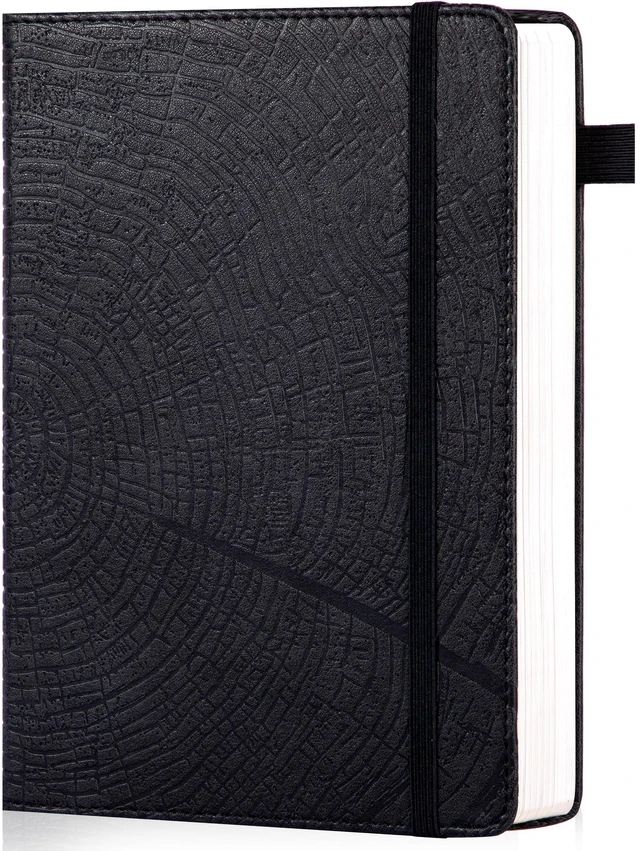 Main image of Lined Journal for Men & Women, Tree Growth Ring Hardcover A5 Notebook 256 Pages, 100 GSM Paper, Vegan Leather Bound Journal, Diary, Lay-Flat, Daily Writing & Journaling, Work & Travel, Black