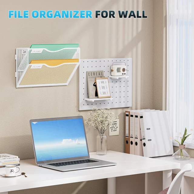 Alt view image 7 of 7 - Wall File Holder 2-Tier Hanging Wall File Organizer, Mesh Mail Holder for Papers, Wall Mount File Clipboard & Magazine Organizer Great for Office Home - 2P(White)