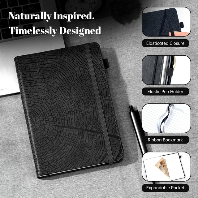 Alt view image 2 of 7 - Lined Journal for Men & Women, Tree Growth Ring Hardcover A5 Notebook 256 Pages, 100 GSM Paper, Vegan Leather Bound Journal, Diary, Lay-Flat, Daily Writing & Journaling, Work & Travel, Black