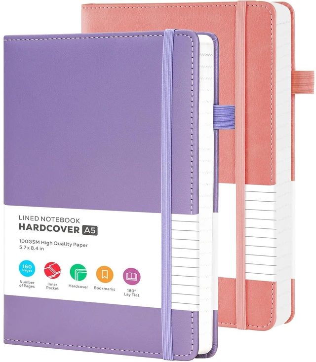 Main image of Lined Journal Notebook for Women Men, 2 Pack, 160 Pages per Pack, A5 (5.7'' x 8.4") Hardcover Journaling Notebook College Ruled for Writing Work, School Office Supplies, Pink & Purple, 100GSM Paper