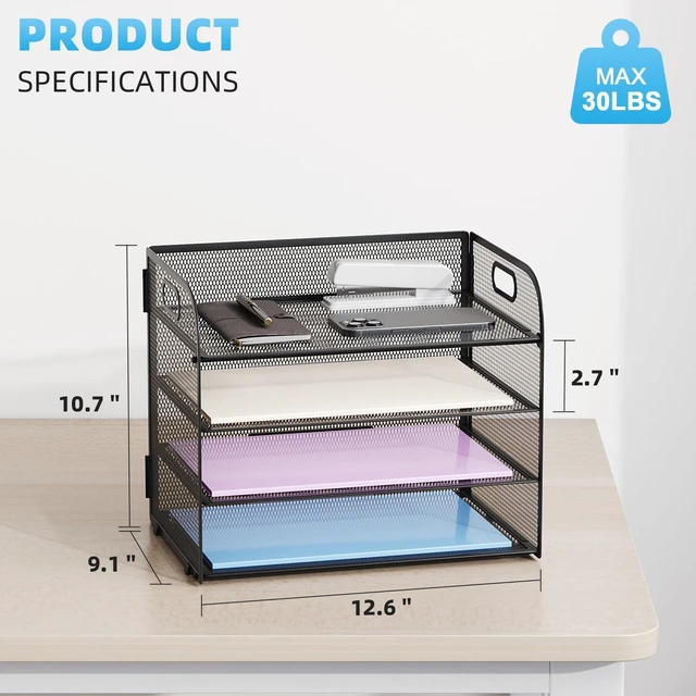 Alt view image 3 of 7 - 2 Pack 4 Tier Paper Organizer Letter Tray - Mesh Desk File Organizer with Handle, Paper Sorter Organizer for Letter/A4 Office File Folder Holder (Black, 12.6" x 9.1" x 10.7")