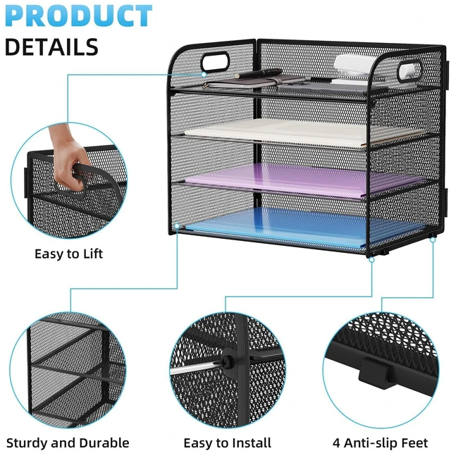 Alt view image 4 of 7 - 2 Pack 4 Tier Paper Organizer Letter Tray - Mesh Desk File Organizer with Handle, Paper Sorter Organizer for Letter/A4 Office File Folder Holder (Black, 12.6" x 9.1" x 10.7")