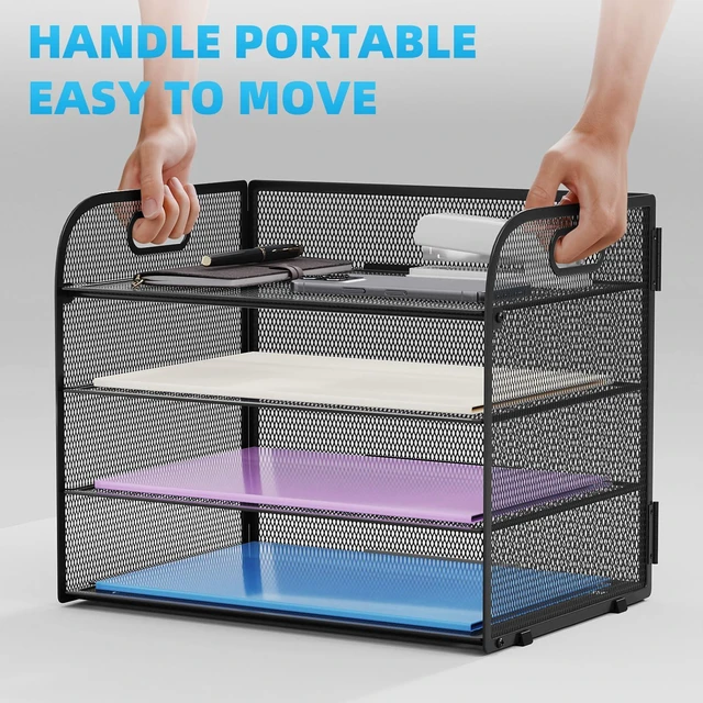 Alt view image 5 of 7 - 2 Pack 4 Tier Paper Organizer Letter Tray - Mesh Desk File Organizer with Handle, Paper Sorter Organizer for Letter/A4 Office File Folder Holder (Black, 12.6" x 9.1" x 10.7")