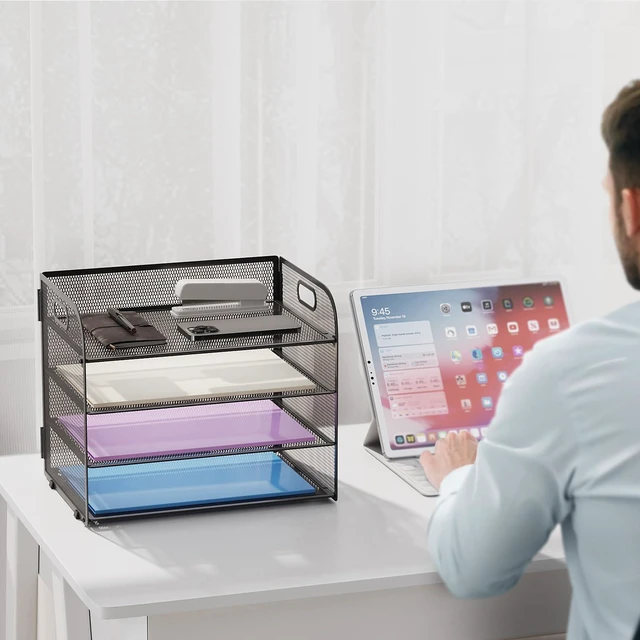Alt view image 6 of 7 - 2 Pack 4 Tier Paper Organizer Letter Tray - Mesh Desk File Organizer with Handle, Paper Sorter Organizer for Letter/A4 Office File Folder Holder (Black, 12.6" x 9.1" x 10.7")