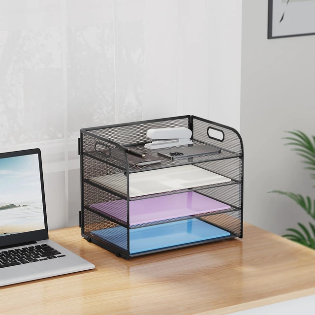 Alt view image 7 of 7 - 2 Pack 4 Tier Paper Organizer Letter Tray - Mesh Desk File Organizer with Handle, Paper Sorter Organizer for Letter/A4 Office File Folder Holder (Black, 12.6" x 9.1" x 10.7")