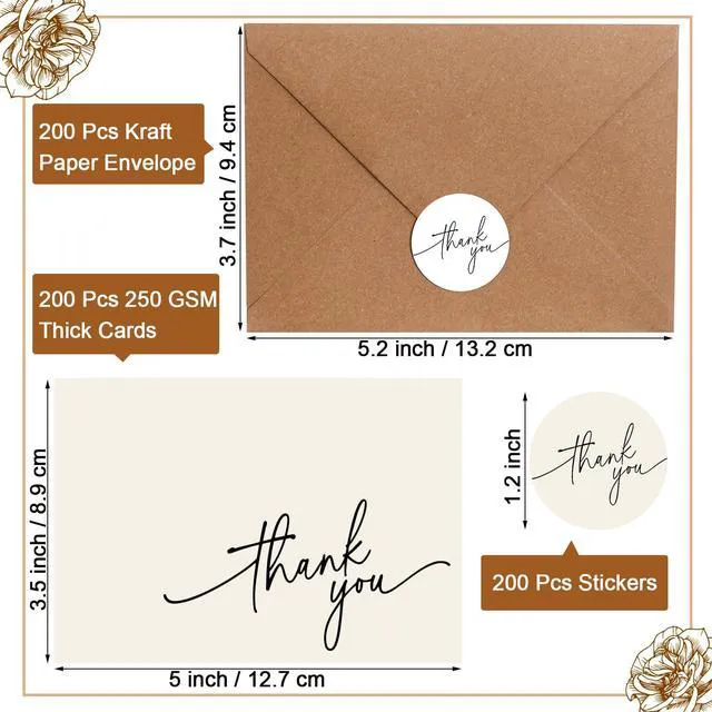 Alt view image 2 of 6 - 200 Pcs Thank You Cards with Envelopes Stickers, 3.5x5", Cream Folded Blank Thank You Notes Bulk, Kraft Envelopes and Stickers, for Wedding Business Graduation Baby Shower Bridal Shower
