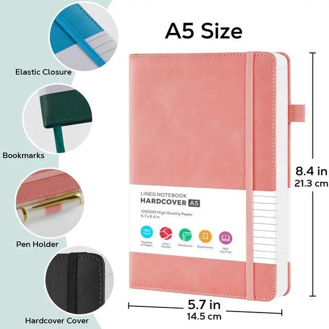 Alt view image 2 of 6 - Lined Journal Notebook for Women Men, 2 Pack, 160 Pages per Pack, A5 (5.7'' x 8.4") Hardcover Journaling Notebook College Ruled for Writing Work, School Office Supplies, Pink & Purple, 100GSM Paper