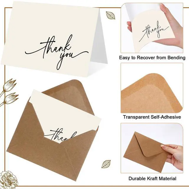 Alt view image 3 of 6 - 200 Pcs Thank You Cards with Envelopes Stickers, 3.5x5", Cream Folded Blank Thank You Notes Bulk, Kraft Envelopes and Stickers, for Wedding Business Graduation Baby Shower Bridal Shower