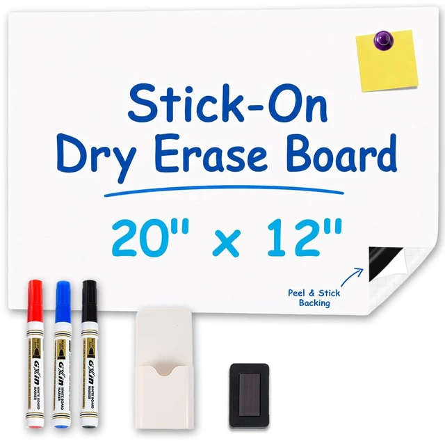 Main image of Self-Adhesive Dry Erase Whiteboard Sticker 20" x 12" Magnet-Receptive Surface, Peel and Stick White Board Sheet, Stick-On Wall Board for Office, Home Cabinet & Non-Magnetic Fridge