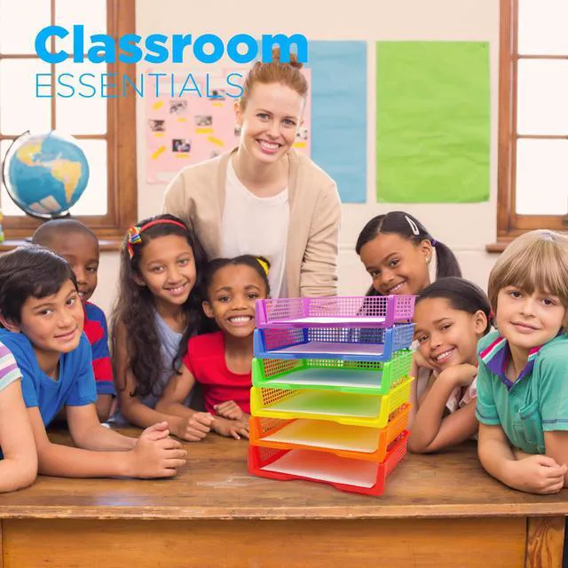 Alt view image 2 of 7 - 6 Colorful Plastic Trays for Teachers, Durable Turn in Trays, Classroom Paper Organizers, Stackable Storage Baskets for Office Desk, Classroom Organization Supplies, 13.3" Lx9.2 Wx3 H