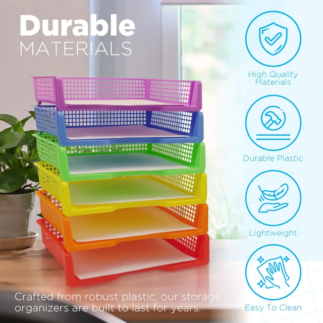 Alt view image 3 of 7 - 6 Colorful Plastic Trays for Teachers, Durable Turn in Trays, Classroom Paper Organizers, Stackable Storage Baskets for Office Desk, Classroom Organization Supplies, 13.3" Lx9.2 Wx3 H