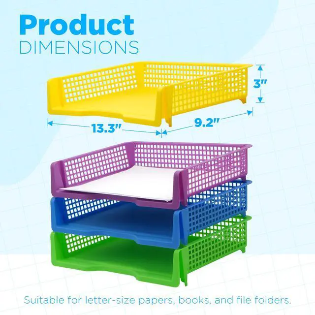 Alt view image 4 of 7 - 6 Colorful Plastic Trays for Teachers, Durable Turn in Trays, Classroom Paper Organizers, Stackable Storage Baskets for Office Desk, Classroom Organization Supplies, 13.3" Lx9.2 Wx3 H