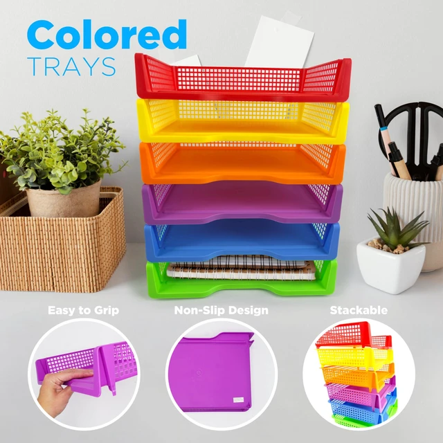 Alt view image 5 of 7 - 6 Colorful Plastic Trays for Teachers, Durable Turn in Trays, Classroom Paper Organizers, Stackable Storage Baskets for Office Desk, Classroom Organization Supplies, 13.3" Lx9.2 Wx3 H
