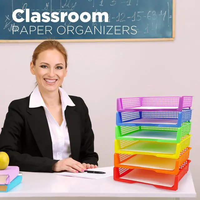 Alt view image 6 of 7 - 6 Colorful Plastic Trays for Teachers, Durable Turn in Trays, Classroom Paper Organizers, Stackable Storage Baskets for Office Desk, Classroom Organization Supplies, 13.3" Lx9.2 Wx3 H