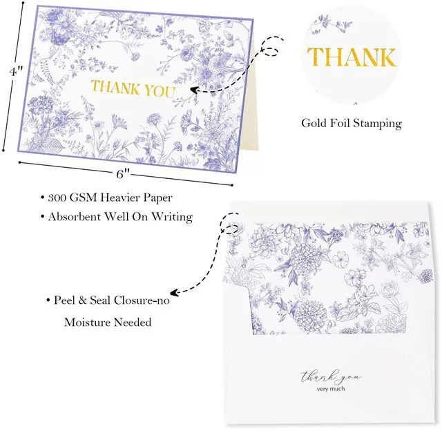 Alt view image 3 of 7 - Purple Floral Thank You Cards with Envelopes, 50 Pack Lavender Wedding Thank You Notes Bulk for Bridal Shower Baby Shower Business Graduation, All Occasion