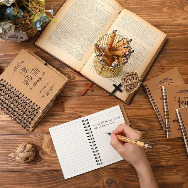 Alt view image 5 of 7 - 100 Pcs/ 50 Set Christian Gift Bulk Spiral Notebook and Pen, Brown Prayer Journal Bible Verse Ballpoint Pen, Religious Gift for Church Members Study Groups Women Men, Sunday School
