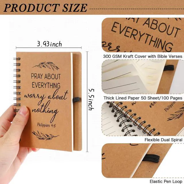 Alt view image 2 of 7 - 100 Pcs/ 50 Set Christian Gift Bulk Spiral Notebook and Pen, Brown Prayer Journal Bible Verse Ballpoint Pen, Religious Gift for Church Members Study Groups Women Men, Sunday School