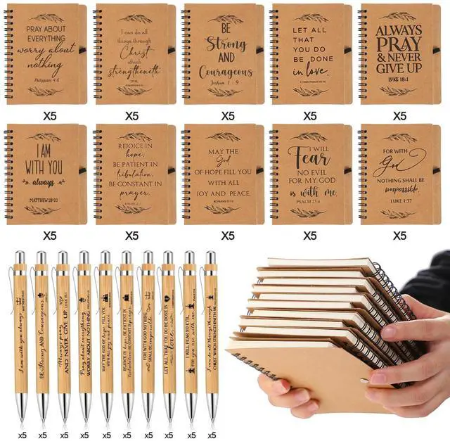 Alt view image 4 of 7 - 100 Pcs/ 50 Set Christian Gift Bulk Spiral Notebook and Pen, Brown Prayer Journal Bible Verse Ballpoint Pen, Religious Gift for Church Members Study Groups Women Men, Sunday School