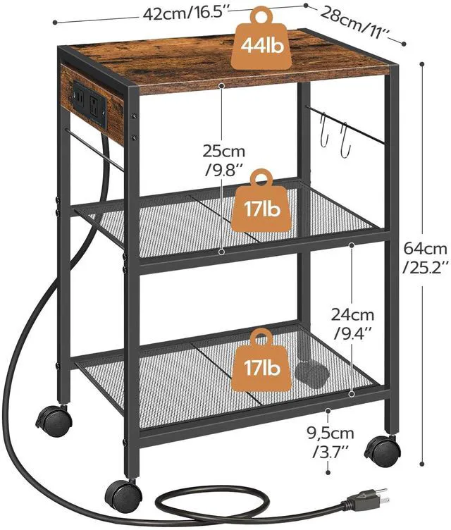 Alt view image 2 of 7 - Industrial Printer Stand, 3-Tier Mobile Printer Table, Rolling Cart with Power Outlets and USB Ports, Home Printer Stand with 2 Hooks, for Office, Living Room, Rustic Brown BF22UPS01