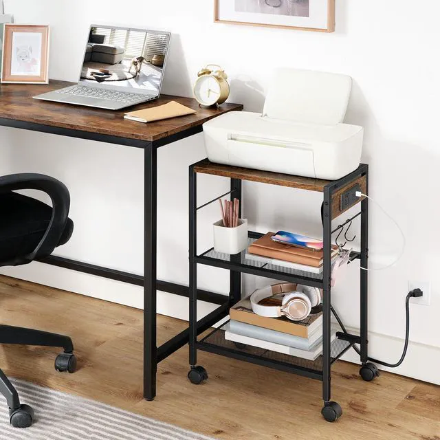 Alt view image 3 of 7 - Industrial Printer Stand, 3-Tier Mobile Printer Table, Rolling Cart with Power Outlets and USB Ports, Home Printer Stand with 2 Hooks, for Office, Living Room, Rustic Brown BF22UPS01