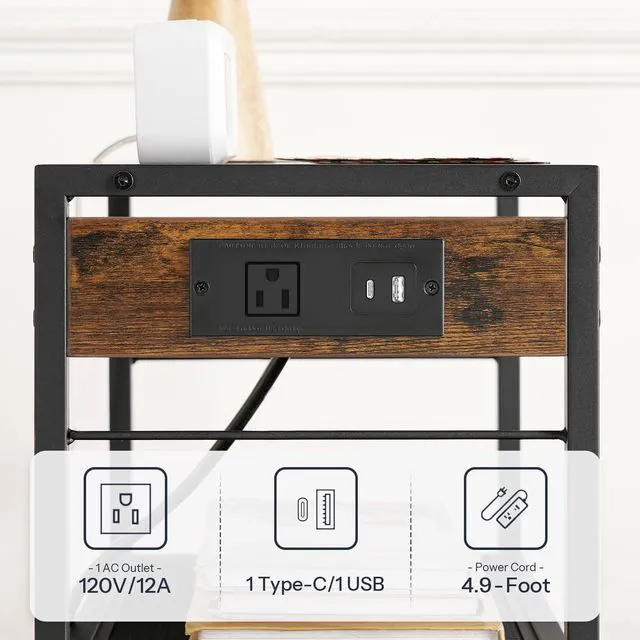 Alt view image 4 of 7 - Industrial Printer Stand, 3-Tier Mobile Printer Table, Rolling Cart with Power Outlets and USB Ports, Home Printer Stand with 2 Hooks, for Office, Living Room, Rustic Brown BF22UPS01