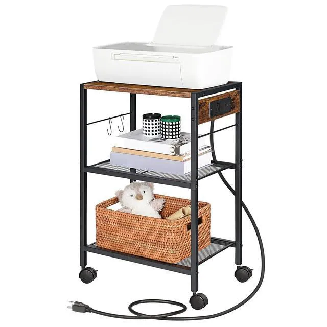 Alt view image 5 of 7 - Industrial Printer Stand, 3-Tier Mobile Printer Table, Rolling Cart with Power Outlets and USB Ports, Home Printer Stand with 2 Hooks, for Office, Living Room, Rustic Brown BF22UPS01