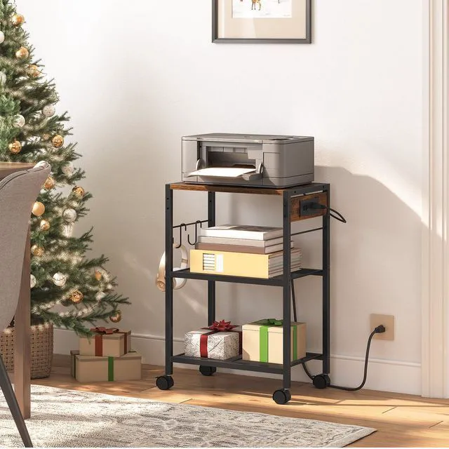 Alt view image 6 of 7 - Industrial Printer Stand, 3-Tier Mobile Printer Table, Rolling Cart with Power Outlets and USB Ports, Home Printer Stand with 2 Hooks, for Office, Living Room, Rustic Brown BF22UPS01