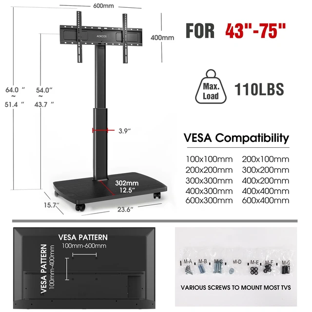 Alt view image 2 of 7 - Rolling TV Stand for 43 50 55 60 65 70 75 Inch TVs, Portable Mobile TV Stand on Wheels, 10-Level Height Adjustable TV Cart with Swivel & Tilt Mount for Bedroom/Living Room/Office/Corner