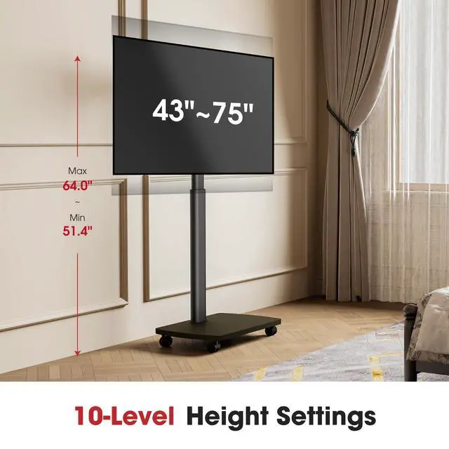 Alt view image 3 of 7 - Rolling TV Stand for 43 50 55 60 65 70 75 Inch TVs, Portable Mobile TV Stand on Wheels, 10-Level Height Adjustable TV Cart with Swivel & Tilt Mount for Bedroom/Living Room/Office/Corner