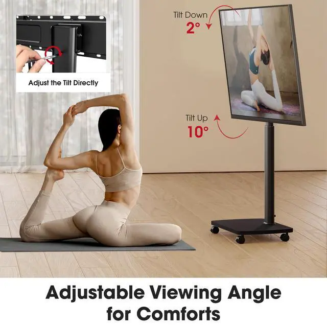 Alt view image 4 of 7 - Rolling TV Stand for 43 50 55 60 65 70 75 Inch TVs, Portable Mobile TV Stand on Wheels, 10-Level Height Adjustable TV Cart with Swivel & Tilt Mount for Bedroom/Living Room/Office/Corner