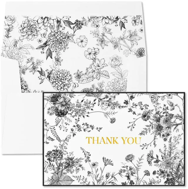 Main image of Black Floral Thank You Cards with Envelopes and Stickers, 50 Pack Wedding Thank You Notes Bulk for Bridal Shower Baby Shower Business Graduation, All Occasion