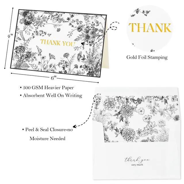 Alt view image 3 of 6 - Black Floral Thank You Cards with Envelopes and Stickers, 50 Pack Wedding Thank You Notes Bulk for Bridal Shower Baby Shower Business Graduation, All Occasion