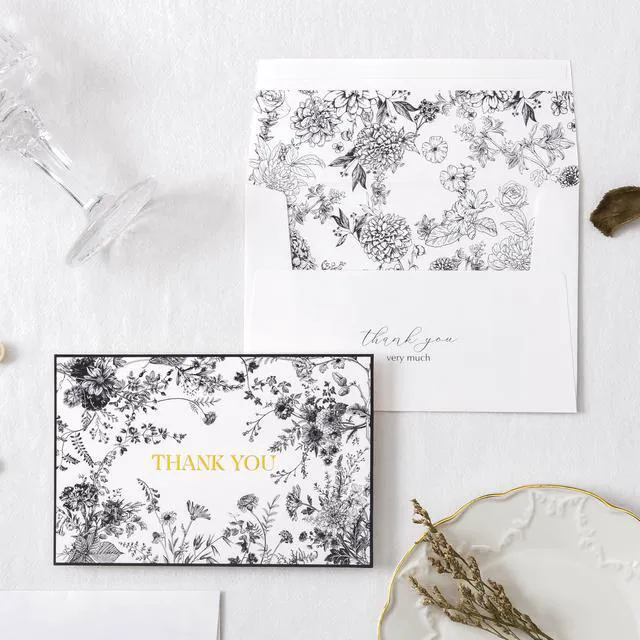 Alt view image 6 of 6 - Black Floral Thank You Cards with Envelopes and Stickers, 50 Pack Wedding Thank You Notes Bulk for Bridal Shower Baby Shower Business Graduation, All Occasion