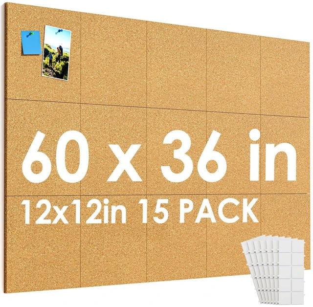 Main image of 60" x 36" Large Cork Board for Wall, 15 Pack 12" x 12" Tiles Self-Healing Natural Cork; Includes 40 Pushpins & Removable Adhesive Tabs; Flexible Board for Office, School & Home