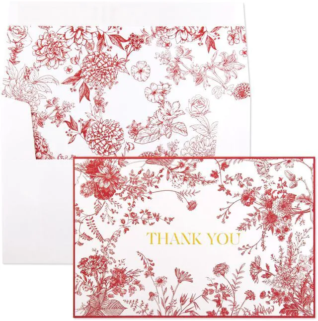 Main image of Red Floral Thank You Cards Gold Foil Greeting Notes Bulk with Envelopes (50 Pack) for Birthday, Baby Shower, Bridal Shower, Wedding, Graduation