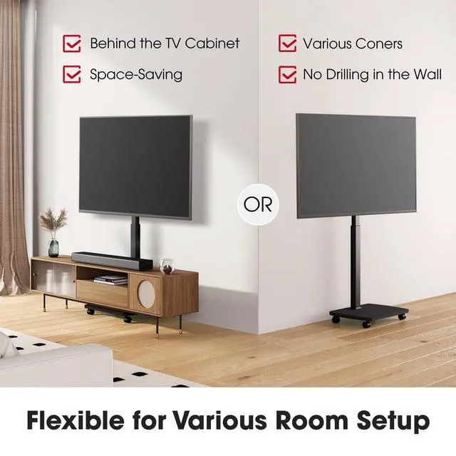 Alt view image 7 of 7 - Rolling TV Stand for 43 50 55 60 65 70 75 Inch TVs, Portable Mobile TV Stand on Wheels, 10-Level Height Adjustable TV Cart with Swivel & Tilt Mount for Bedroom/Living Room/Office/Corner