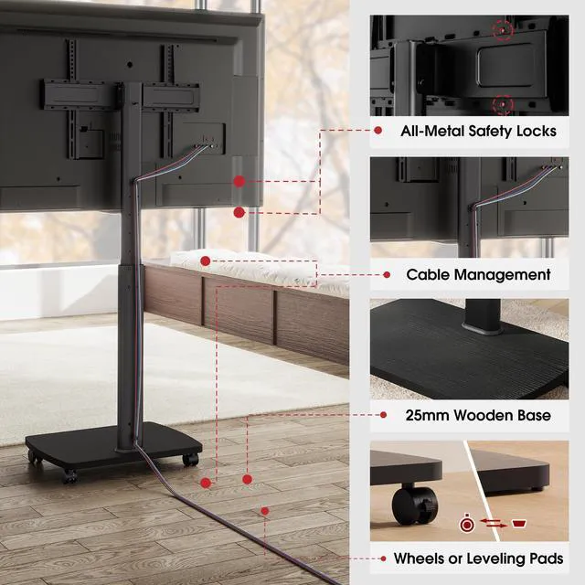 Alt view image 6 of 7 - Rolling TV Stand for 43 50 55 60 65 70 75 Inch TVs, Portable Mobile TV Stand on Wheels, 10-Level Height Adjustable TV Cart with Swivel & Tilt Mount for Bedroom/Living Room/Office/Corner