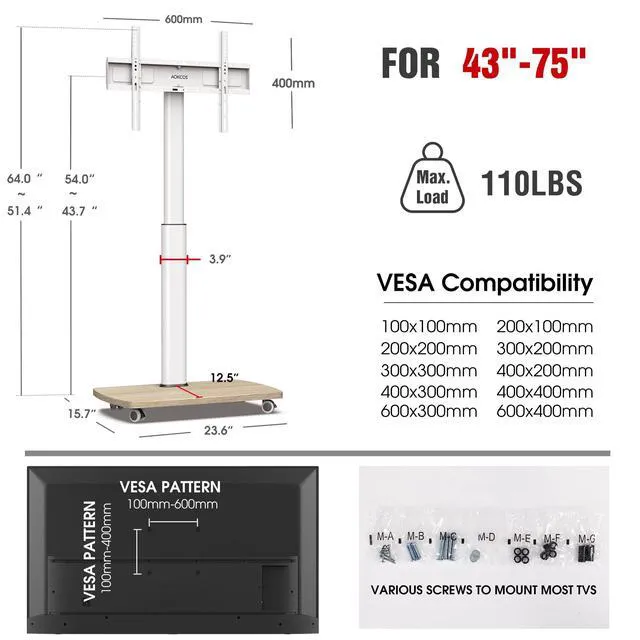 Alt view image 2 of 7 - Rolling TV Stand for 43 50 55 60 65 70 75 Inch TVs, Portable Mobile TV Stand on Wheels, 10-Level Height Adjustable TV Cart with Swivel & Tilt Mount for Bedroom/Living Room/Office/Corner