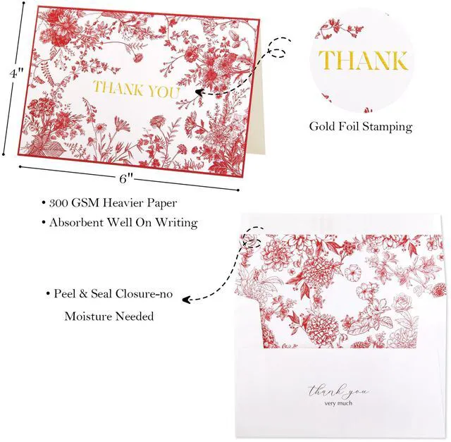 Alt view image 3 of 7 - Red Floral Thank You Cards Gold Foil Greeting Notes Bulk with Envelopes (50 Pack) for Birthday, Baby Shower, Bridal Shower, Wedding, Graduation