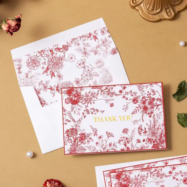 Alt view image 6 of 7 - Red Floral Thank You Cards Gold Foil Greeting Notes Bulk with Envelopes (50 Pack) for Birthday, Baby Shower, Bridal Shower, Wedding, Graduation