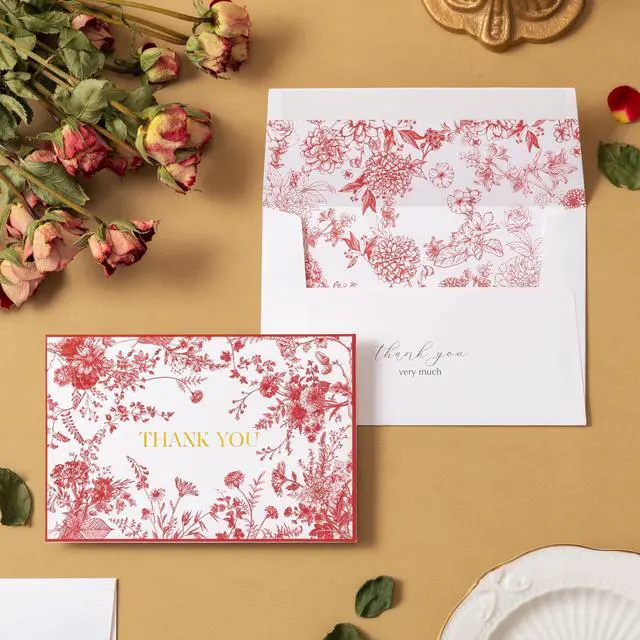 Alt view image 7 of 7 - Red Floral Thank You Cards Gold Foil Greeting Notes Bulk with Envelopes (50 Pack) for Birthday, Baby Shower, Bridal Shower, Wedding, Graduation