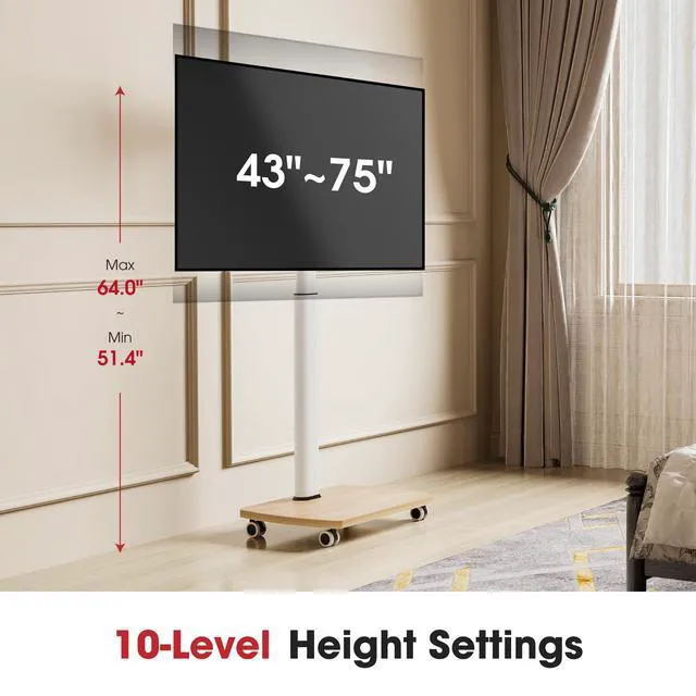 Alt view image 4 of 7 - Rolling TV Stand for 43 50 55 60 65 70 75 Inch TVs, Portable Mobile TV Stand on Wheels, 10-Level Height Adjustable TV Cart with Swivel & Tilt Mount for Bedroom/Living Room/Office/Corner