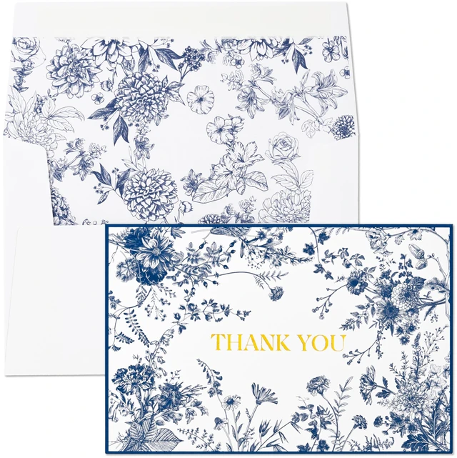 Main image of Navy Blue Floral Thank You Cards with Envelopes, 50 Pack Gold Foil Wildflower Greeting Notes Bulk for Birthday, Baby Shower, Bridal Shower, Wedding, Graduation