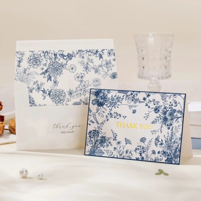 Alt view image 3 of 6 - Navy Blue Floral Thank You Cards with Envelopes, 50 Pack Gold Foil Wildflower Greeting Notes Bulk for Birthday, Baby Shower, Bridal Shower, Wedding, Graduation
