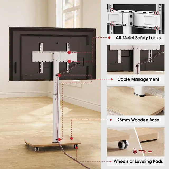 Alt view image 7 of 7 - Rolling TV Stand for 43 50 55 60 65 70 75 Inch TVs, Portable Mobile TV Stand on Wheels, 10-Level Height Adjustable TV Cart with Swivel & Tilt Mount for Bedroom/Living Room/Office/Corner