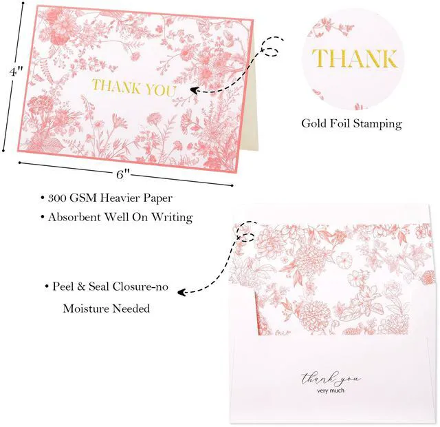 Alt view image 3 of 7 - Pink Floral Thank you cards Gold Foil Greeting Notes Bulk with Envelopes(50 Pack) for Birthday, Baby Shower, Bridal Shower, Wedding, Graduation